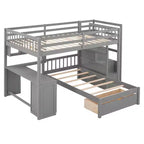 Lit superposé double sur simple avec bureau intégré, étagères, tiroirs multiples et escalier de rangement