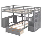 Lit superposé double sur simple avec bureau intégré, étagères, tiroirs multiples et escalier de rangement