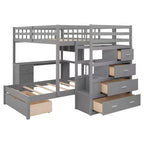 Lit superposé double sur simple avec bureau intégré, étagères, tiroirs multiples et escalier de rangement