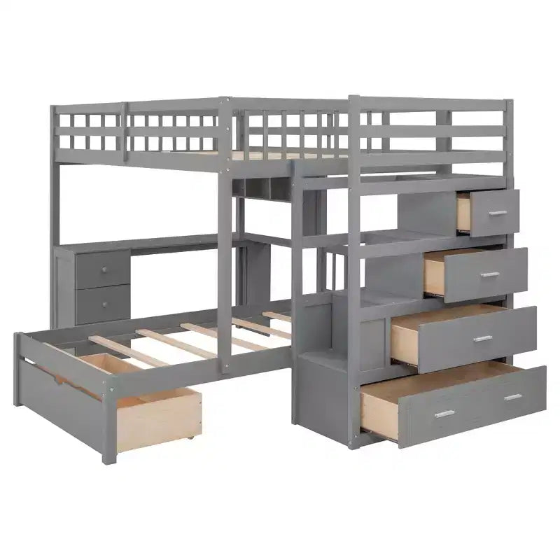 Lit superposé double sur simple avec bureau intégré, étagères, tiroirs multiples et escalier de rangement