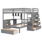 Lit superposé double sur simple avec bureau intégré, étagères, tiroirs multiples et escalier de rangement