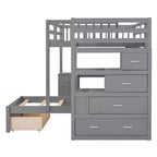 Lit superposé double sur simple avec bureau intégré, étagères, tiroirs multiples et escalier de rangement