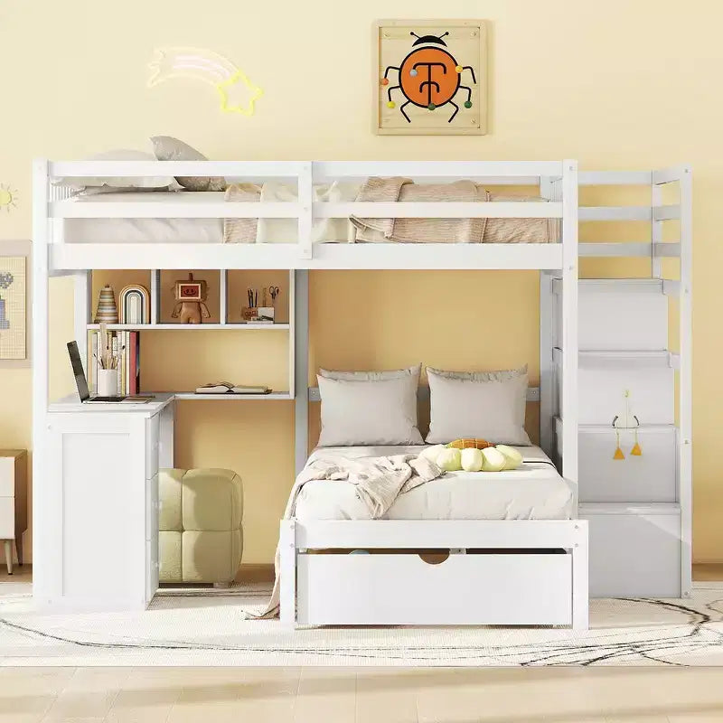 Lit superposé double sur simple avec bureau intégré, étagères, tiroirs multiples et escalier de rangement