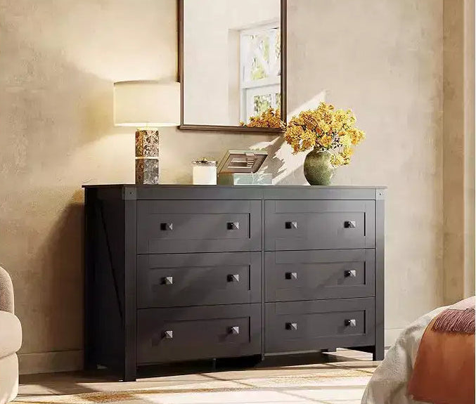 GALAXHERO Farmhouse 6 Drawer Wood Dresser, With Double Rustic Handles, TV Stand for 60 TV, Clothes Organizer for Bedroom & Living Room,Black
