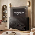 Commode en bois à 6 tiroirs avec doubles poignées rustiques, meuble TV pour téléviseur 60", organisateur de vêtements pour chambre et salon, noir