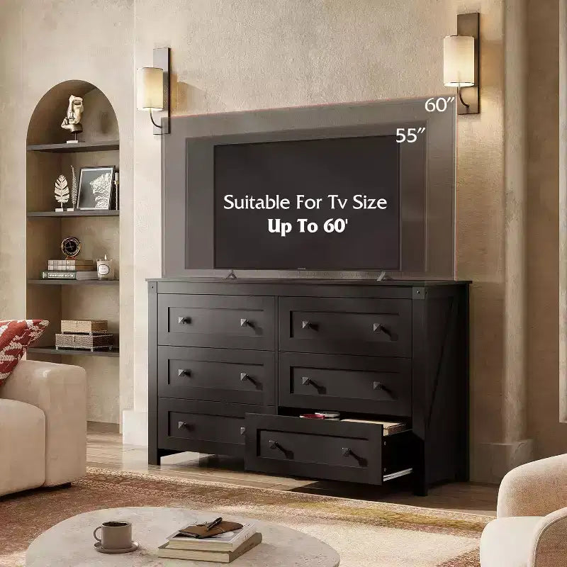 Commode en bois de ferme à 6 tiroirs avec doubles poignées rustiques, meuble TV pour téléviseur de 60 pouces, organisateur de vêtements pour chambre et salon, noir