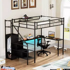 Okak Full Size Metal Loft Bed with L-shaped Desk, Bed Frames with Safety Rails, Ladder and Storage Shelves, Twin Bed for Bedroom, Kids Room, Black