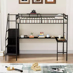Lit mezzanine en métal pleine taille avec bureau en L, cadre de lit avec barrières de sécurité, échelle et étagères de rangement, lit simple pour chambre à coucher, chambre d'enfant, noir