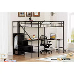 Lit mezzanine en métal pleine taille avec bureau en L, cadre de lit avec barrières de sécurité, échelle et étagères de rangement, lit simple pour chambre à coucher, chambre d'enfant, noir