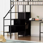 Lit mezzanine en métal pleine taille avec bureau en L, cadre de lit avec barrières de sécurité, échelle et étagères de rangement, lit simple pour chambre à coucher, chambre d'enfant, noir