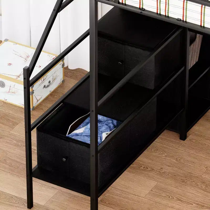 Lit mezzanine en métal pleine taille avec bureau en L, cadre de lit avec barrières de sécurité, échelle et étagères de rangement, lit simple pour chambre à coucher, chambre d'enfant, noir