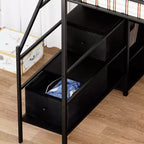 Lit mezzanine en métal pleine taille avec bureau en L, cadre de lit avec barrières de sécurité, échelle et étagères de rangement, lit simple pour chambre à coucher, chambre d'enfant, noir
