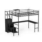 Lit mezzanine en métal pleine taille avec bureau en L, cadre de lit avec barrières de sécurité, échelle et étagères de rangement, lit simple pour chambre à coucher, chambre d'enfant, noir