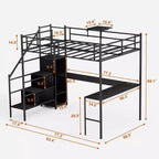 Lit mezzanine en métal pleine taille avec bureau en L, cadre de lit avec barrières de sécurité, échelle et étagères de rangement, lit simple pour chambre à coucher, chambre d'enfant, noir