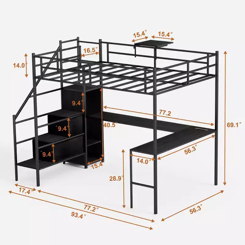 Lit mezzanine en métal pleine taille avec bureau en L, cadre de lit avec barrières de sécurité, échelle et étagères de rangement, lit simple pour chambre à coucher, chambre d'enfant, noir