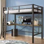Okak Metal Loft Bed with L-Shaped Desk, No Box Spring Needed Design Twin Bed with Safety Guard and Ladder, Bed Frames for Living Room, Bedroom, Black