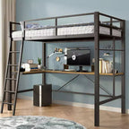 Lit mezzanine en métal avec bureau en L, design ne nécessitant pas de sommier, lit double avec garde-corps de sécurité et échelle, cadres de lit pour salon, chambre, noir