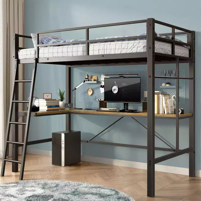Lit mezzanine en métal avec bureau en L, design ne nécessitant pas de sommier, lit double avec garde-corps de sécurité et échelle, cadres de lit pour salon, chambre, noir