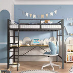 Lit mezzanine en métal avec bureau en L, design ne nécessitant pas de sommier, lit double avec garde-corps de sécurité et échelle, cadres de lit pour salon, chambre, noir