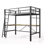 Lit mezzanine en métal avec bureau en L, design ne nécessitant pas de sommier, lit double avec garde-corps de sécurité et échelle, cadres de lit pour salon, chambre, noir
