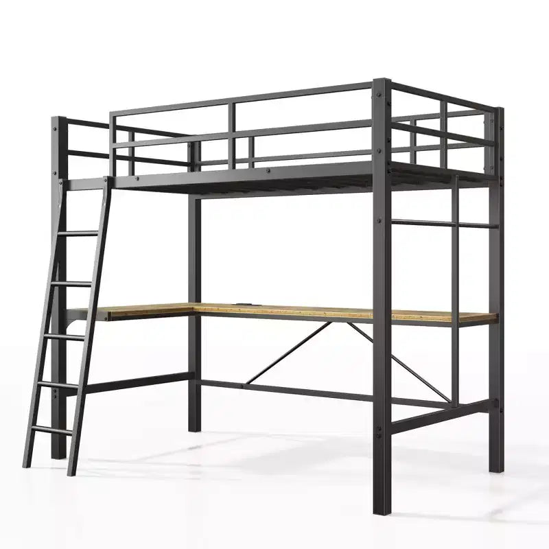 Lit mezzanine en métal avec bureau en L, design ne nécessitant pas de sommier, lit double avec garde-corps de sécurité et échelle, cadres de lit pour salon, chambre, noir