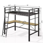 Lit mezzanine en métal avec bureau en L, design ne nécessitant pas de sommier, lit double avec garde-corps de sécurité et échelle, cadres de lit pour salon, chambre, noir