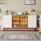 63 Coffee Bar Cabinet Buffet Cabinet with Storage 3 Drawers Farmhouse White Kitchen Island with 2 Glass Door Sideboard Table for Dining Room Kitchen