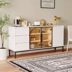 Meuble de bar à café 63 pouces, buffet avec rangement, 3 tiroirs, îlot de cuisine blanc de style ferme avec 2 portes vitrées, table de buffet pour salle à manger et cuisine