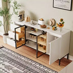 Meuble de bar à café 63 pouces, buffet avec rangement, 3 tiroirs, îlot de cuisine blanc de style ferme avec 2 portes vitrées, table de buffet pour salle à manger et cuisine