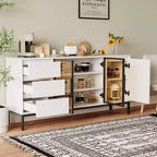 Meuble de bar à café 63 pouces, buffet avec rangement, 3 tiroirs, îlot de cuisine blanc de style ferme avec 2 portes vitrées, table de buffet pour salle à manger et cuisine