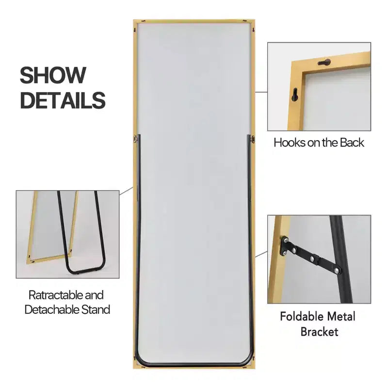 Miroir en alliage d'aluminium rectangulaire pleine longueur avec support pour salon et chambre à coucher