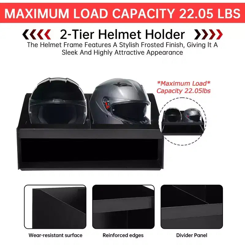 Présentoir Double Casque en Aluminium, Triple Plateau pour Magasins, Garages, Débarras - Range 3 Casques - Gants LunettesCrochets Latéraux pour Suspendre les Vêtements