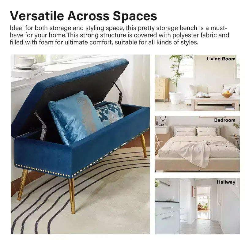 Banc de rangement avec garniture cloutée et capitonnage pour chambre à coucher - NOIR