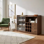 Homy Casa Kitchen Sideboard Buffet Cabinet with Fluted Glass Doors, Drawers, and Wine Storage, Walnut