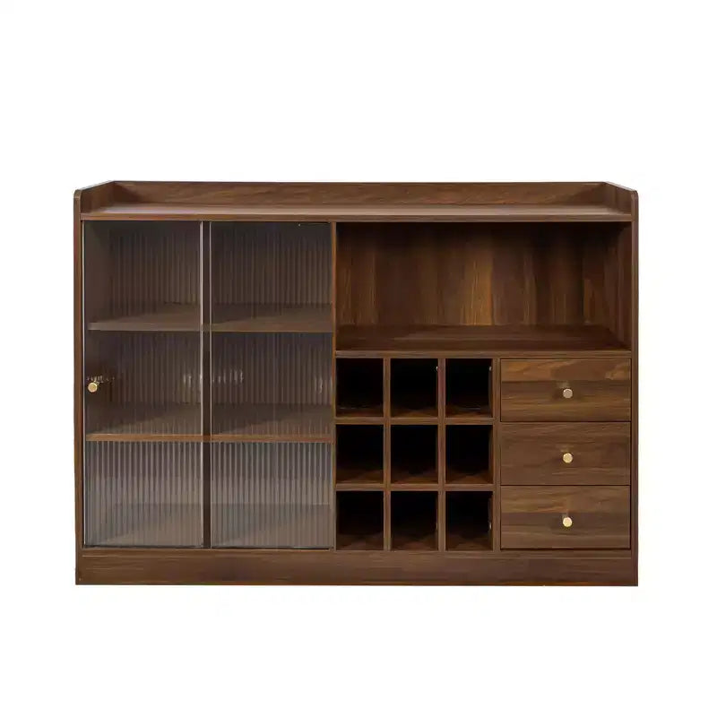 Bahut de cuisine avec portes vitrées cannelées, tiroirs et rangement pour le vin, Noyer