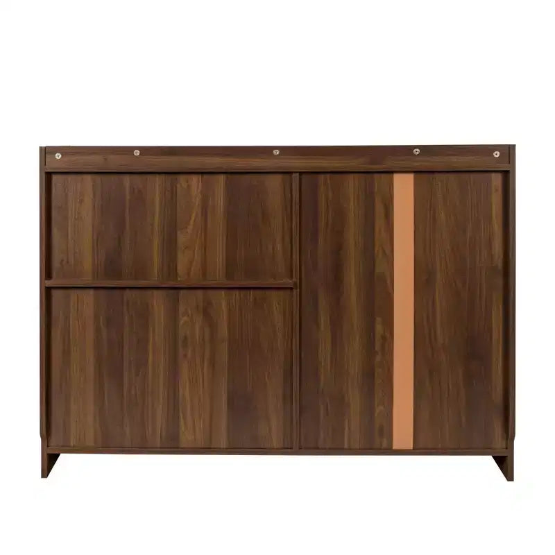 Bahut de cuisine avec portes vitrées cannelées, tiroirs et rangement pour le vin, Noyer