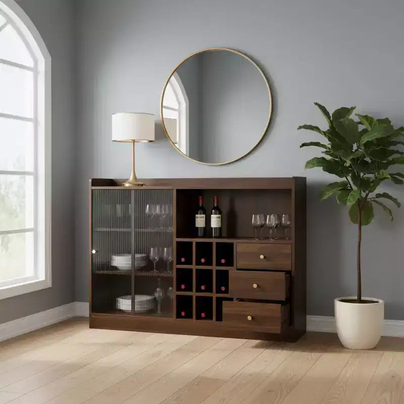 Bahut de cuisine avec portes vitrées cannelées, tiroirs et rangement pour le vin, Noyer