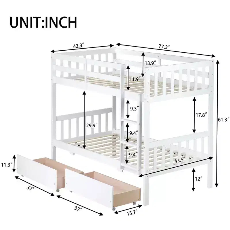 Lit superposé jumeaux de 77,3 pouces avec 2 tiroirs de rangement, cadre de lit multifonction convertible en 2 lits jumeaux pour chambre à coucher, chambre d'enfant, blanc