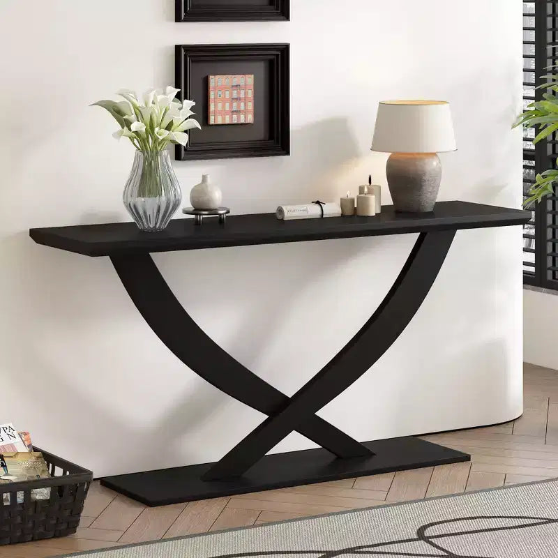 Console moderne de 145 cm avec pieds en croix, table d'entrée minimaliste avec plateau épais, table d'appoint pour salon, couloir