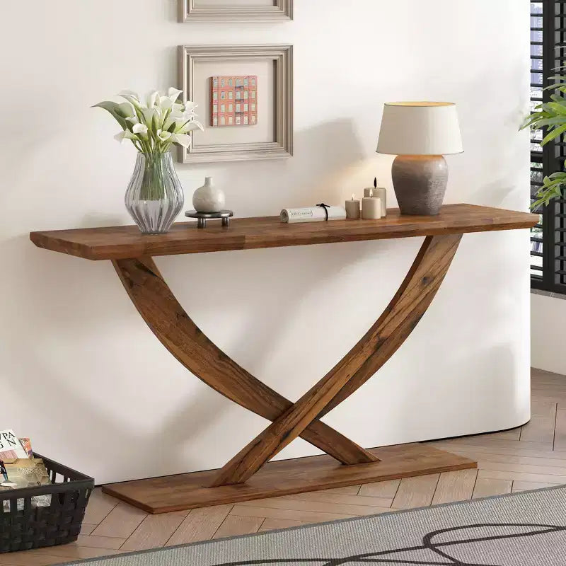 Console moderne de 145 cm avec pieds en croix, table d'entrée minimaliste avec plateau épais, table d'appoint pour salon, couloir