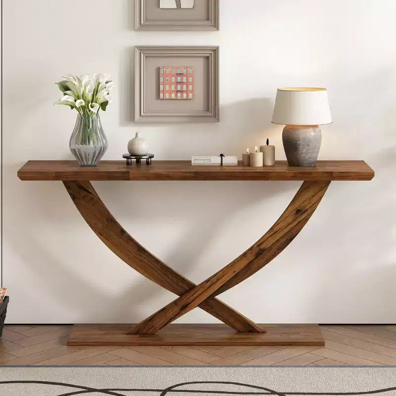 Console moderne de 145 cm avec pieds en croix, table d'entrée minimaliste avec plateau épais, table d'appoint pour salon, couloir