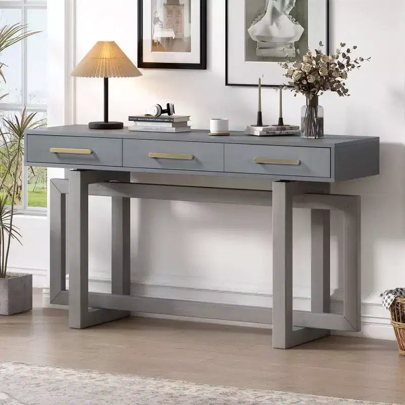 Console Élégante de 145 cm avec Pieds au Design Unique, Table d'entrée avec 3 Tiroirs et Poignées Métalliques, Table de Couloir pour Salon, Foyer