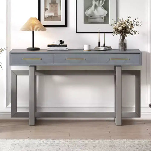 Okak 57IN Elegant Console Table with Unique Legs Design, Entryway Table with 3 Drawers and Metal Handles, Hallway Table for Living Room, Foyer