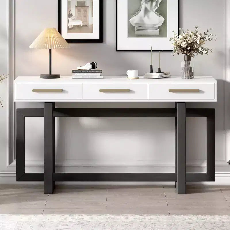 Console Élégante de 145 cm avec Pieds au Design Unique, Table d'entrée avec 3 Tiroirs et Poignées Métalliques, Table de Couloir pour Salon, Foyer