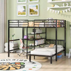 Full over Twin Metal Bunk Bed, L Shaped Loft Bed Frame with Built-in Desk and Shelves