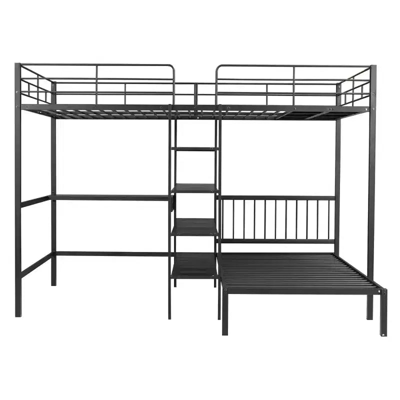 Lit superposé en métal une place et demie sur une place, lit mezzanine en L avec bureau et étagères intégrés