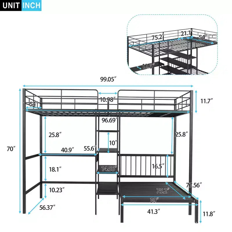 Lit superposé en métal une place et demie sur une place, lit mezzanine en L avec bureau et étagères intégrés