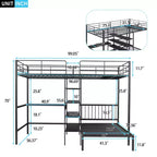 Lit superposé en métal une place et demie sur une place, lit mezzanine en L avec bureau et étagères intégrés