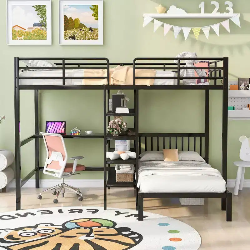 Lit superposé en métal une place et demie sur une place, lit mezzanine en L avec bureau et étagères intégrés