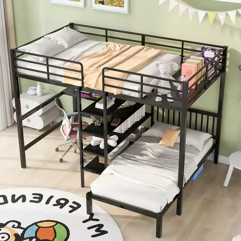 Lit superposé en métal une place et demie sur une place, lit mezzanine en L avec bureau et étagères intégrés